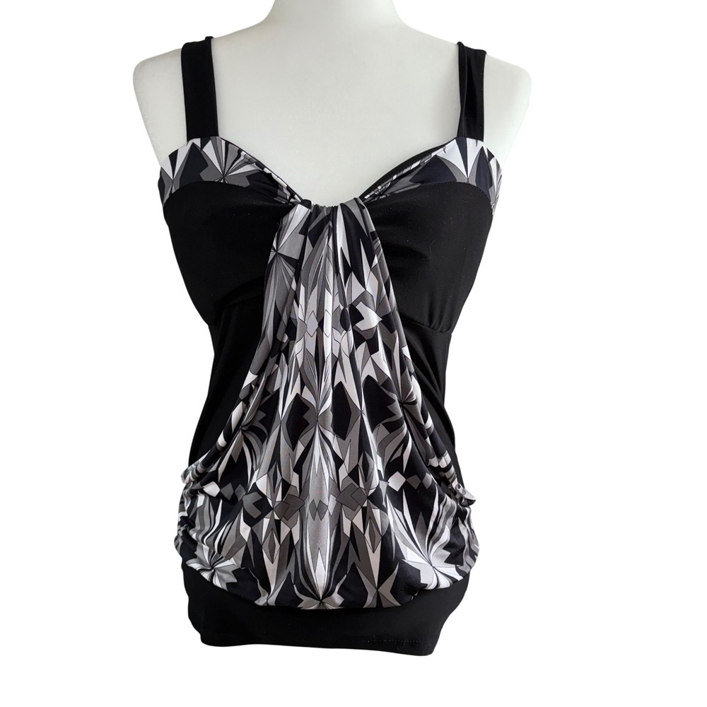 Y2K Gidani Black Geometric Draped Bubble Hem Blouse Top Womens L USA made VTG